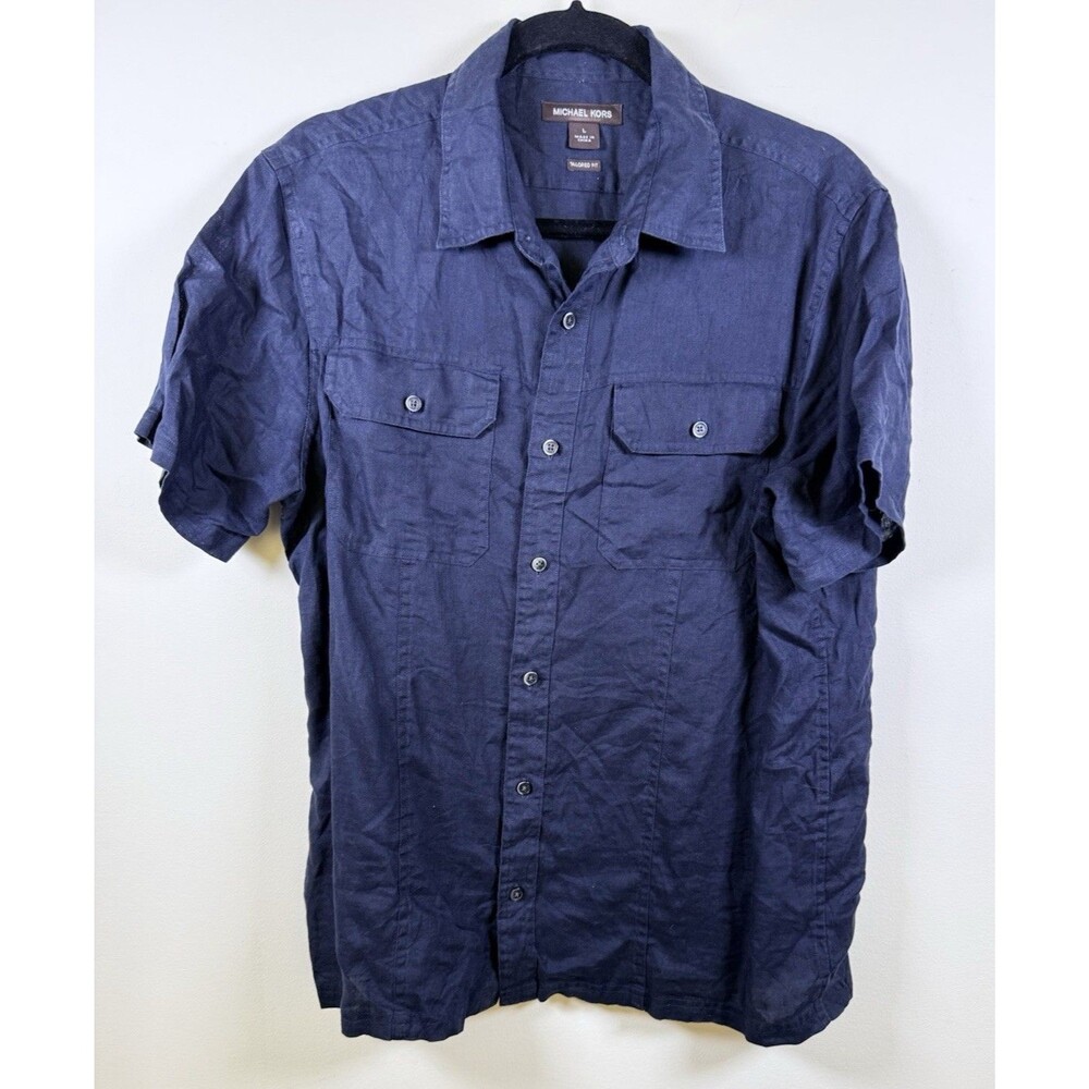 Michael Kors Men's Solid Blue Linen Short Sleeve Collared Button-Up Shirt L